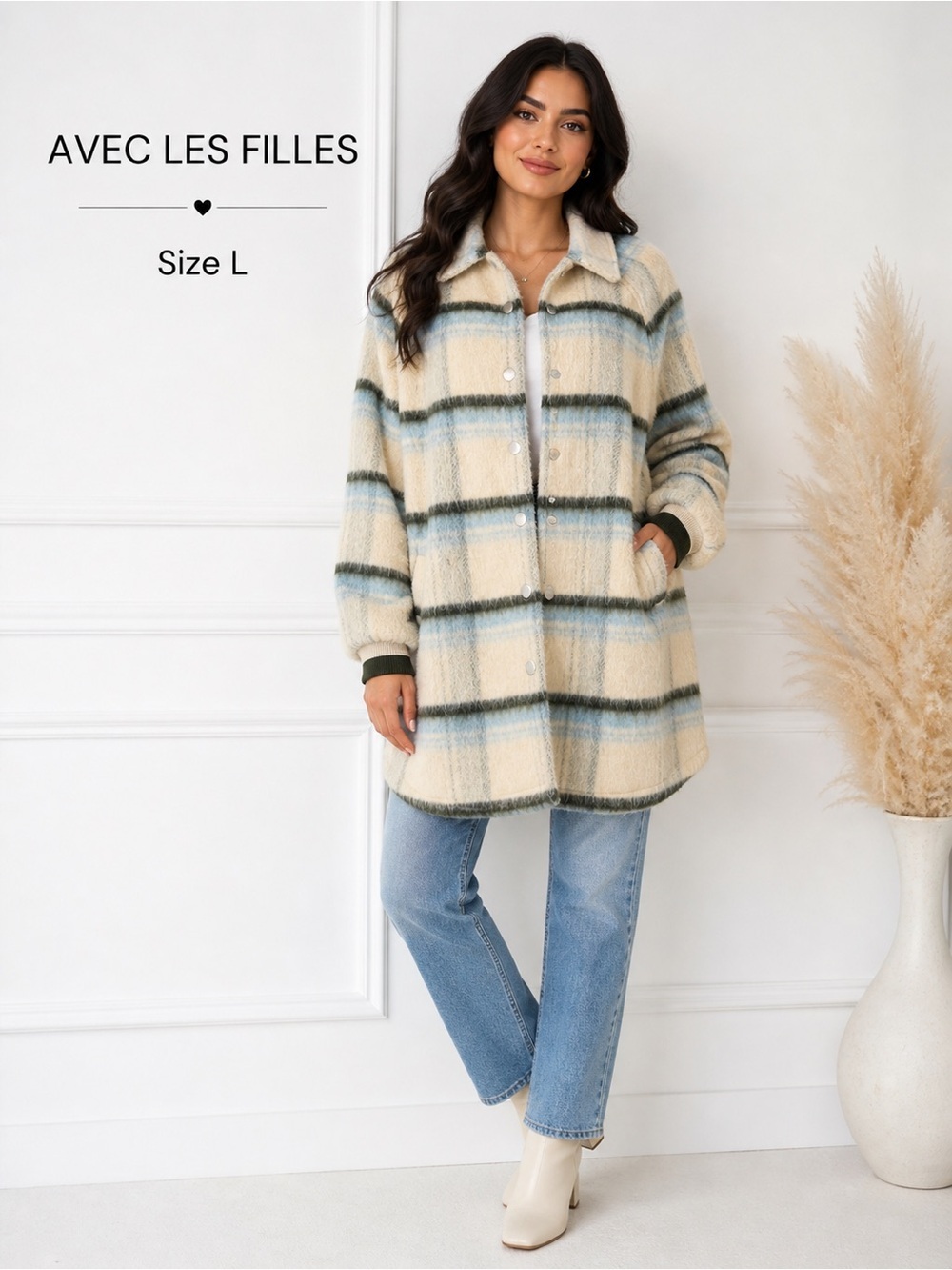 AVEC LES FILLES Plaid Wool Blend Coat Size L Oversized Shacket Jacket Chic Cozy
